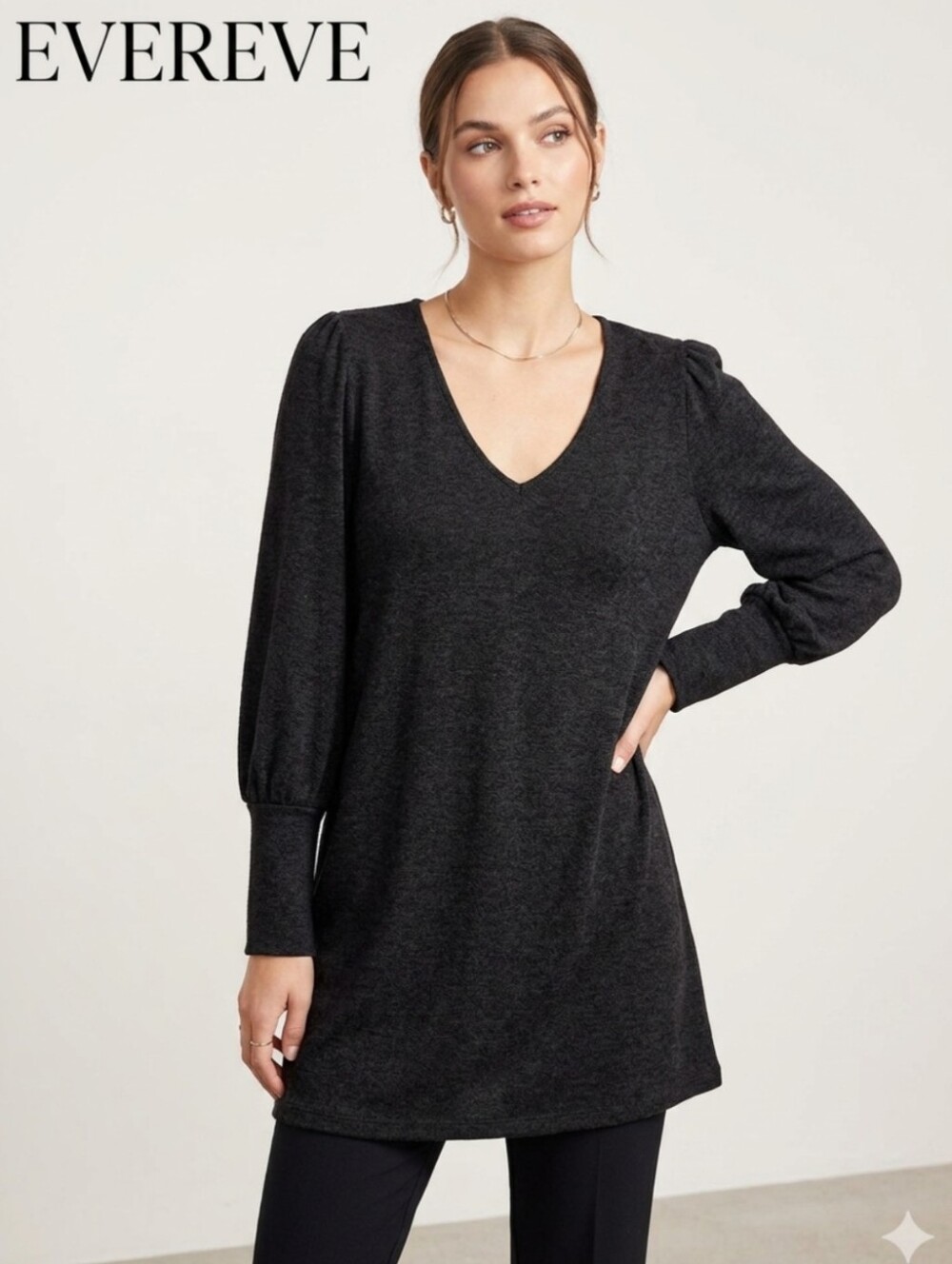 Evereve Tunic Top Black Long Slv Sweater Pockets Sz Large *NWOT